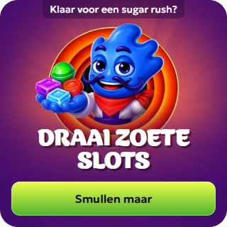 Lucky Gans Casino banner met een blauwe snoepmascotte en kleurrijke snoepjes voor zoete slots