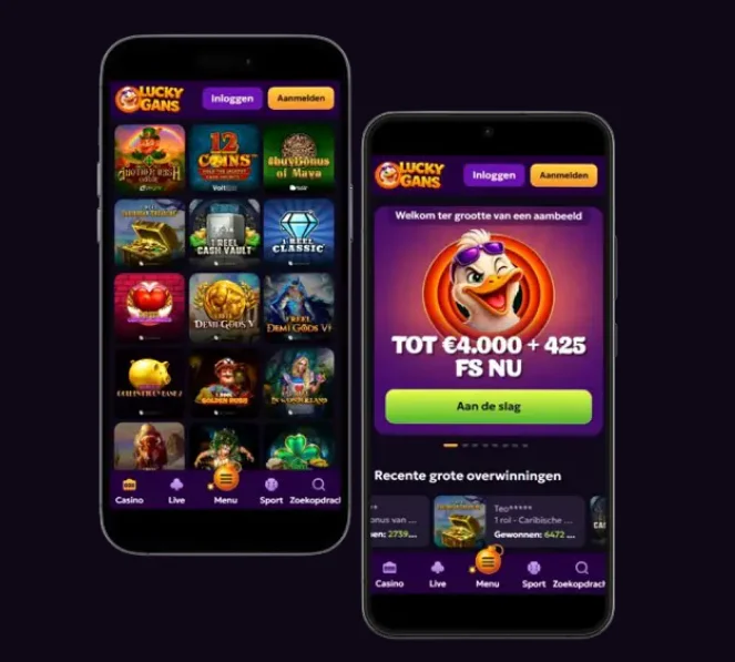 Lucky Gans Casino mobiele app op smartphones met casinospellen en welkomstbonus
